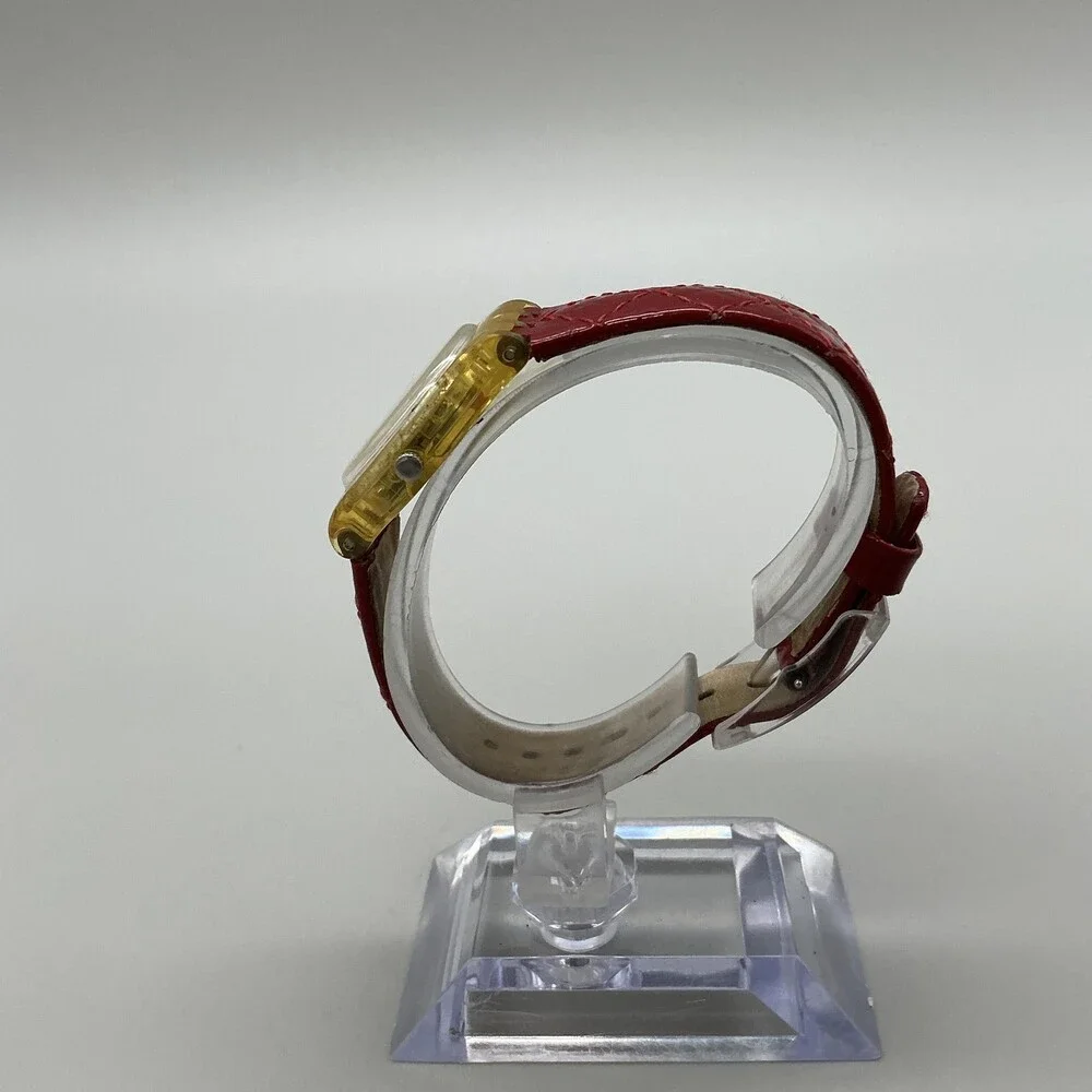 Vintage Swatch Womens Watch 25mm Silver Dial Yellow Case Red Leather Swiss